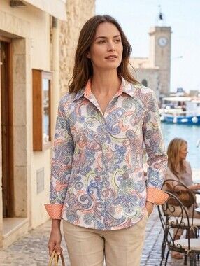 Talbots Women's Preppy Blue Pastel Floral Paisley Button-Up Shirt Size Medium